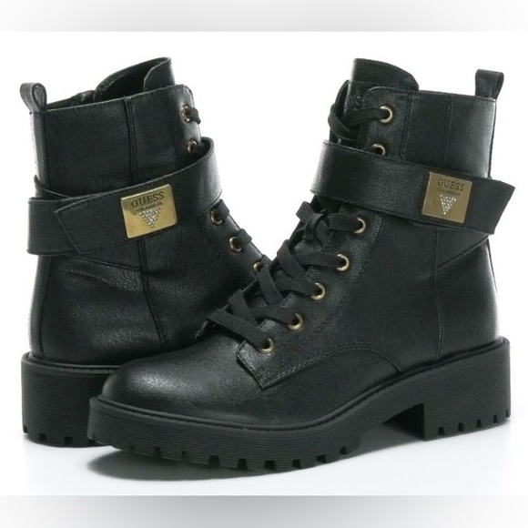 Guess Shoes - GUESS Caleena Lace Up Combat Boots With Gold Jeweled Guess Accent Strap NWOT